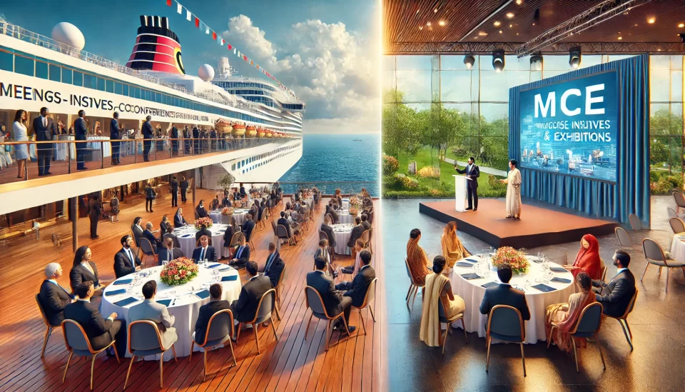 DALLE 2025 04 22 124311 A split scene image showing two MICE Meetings Incentives Conferences Exhibitions events one on a luxurious cruise ship deck with Indian professi